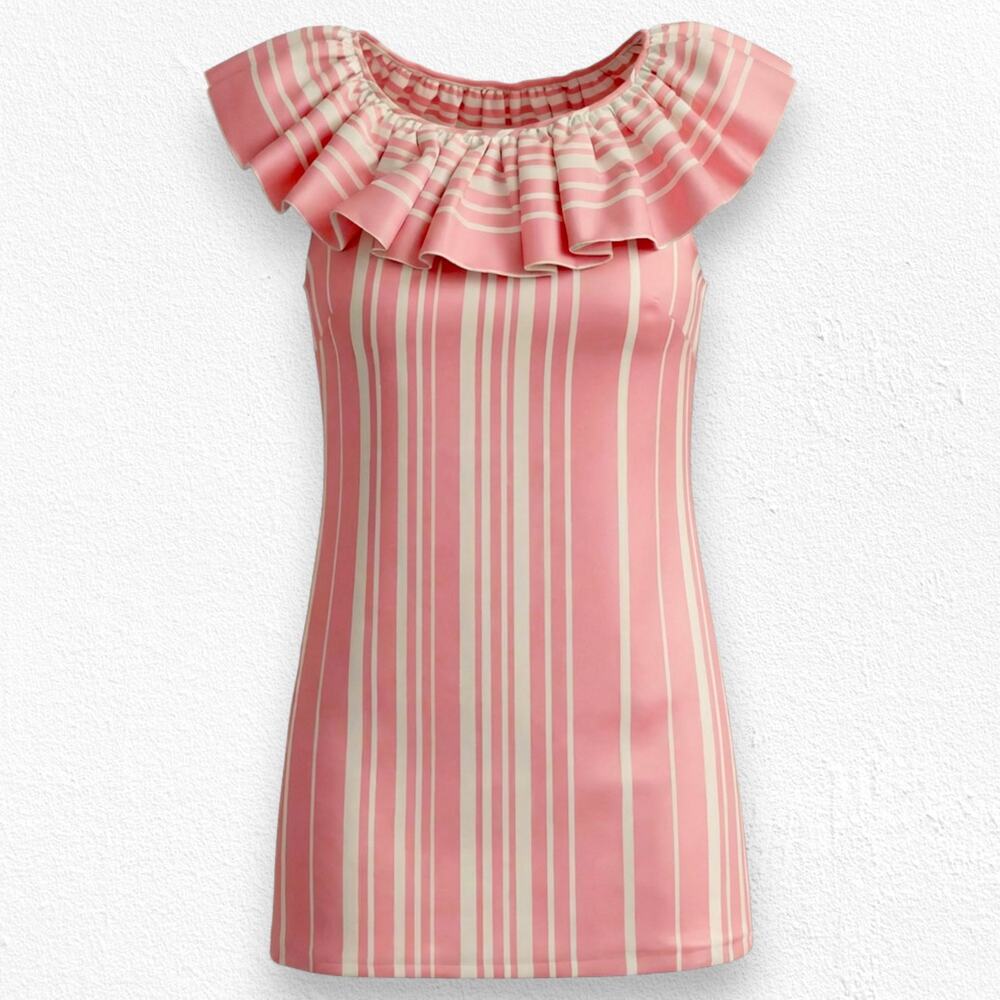 Trina Turk Pink White Striped Ruffle Neck Sleeveless Straight Mini Dress Size 10